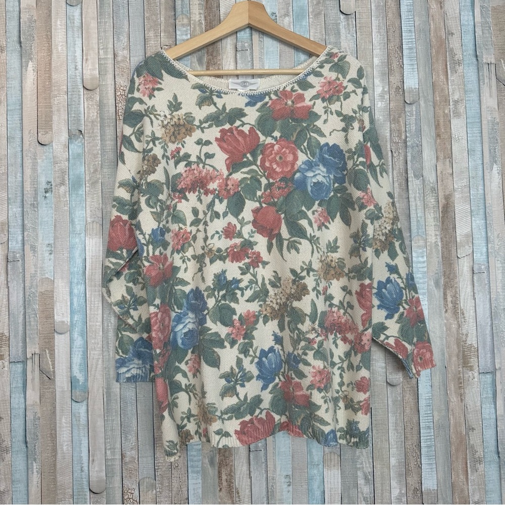 Vintage L 90s Pastel Floral Waffle Knit Pullover Sweater Boho Oversized Cottage